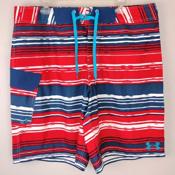 NWOT Under Armour Rd/Wht/Blu Drawstring Waist Hybrid Board Shorts Sz. 38 - Picture 1 of 6